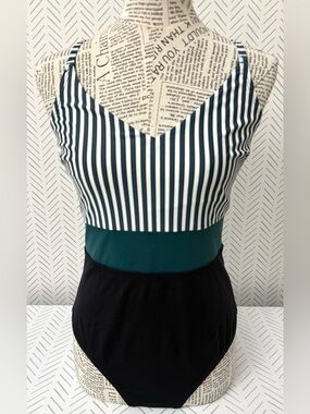 Coastal Blue One Piece Swimsuit Green & White Stripes Green Waist Band Black M
